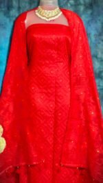 Ikkat Red Unstitched 2 Piece Jamdani Suit Set