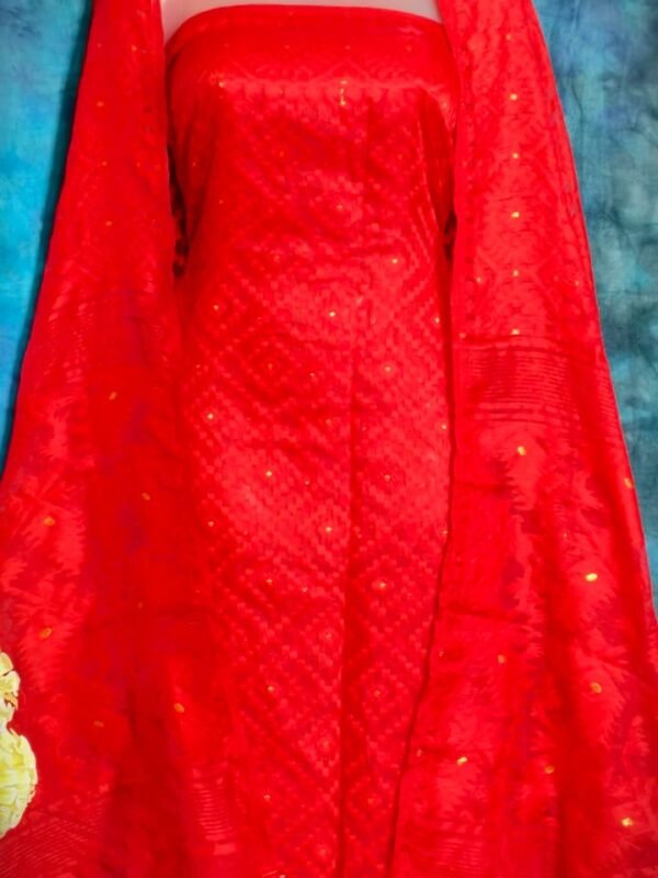 Ikkat Red Unstitched 2 Piece Jamdani Suit Set