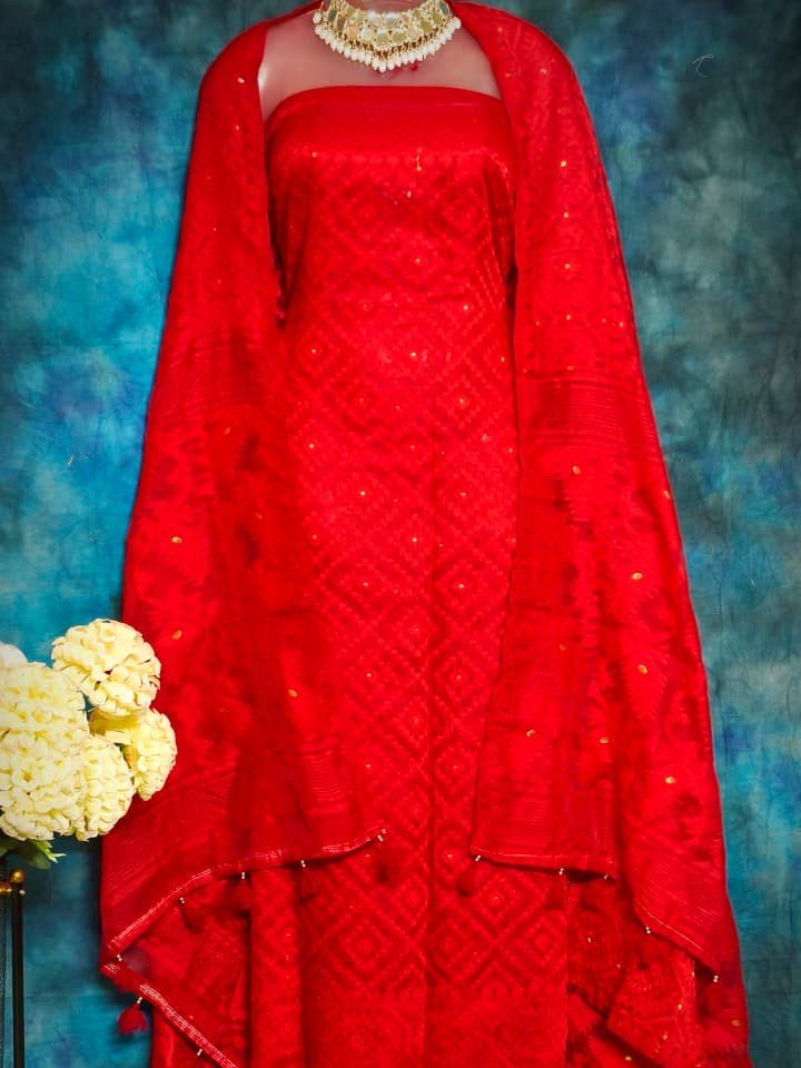 Ikkat Red Unstitched 2 Piece Jamdani Suit Set