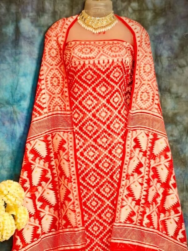 Ikkat Red Unstitched 2 Piece Jamdani Suit Set