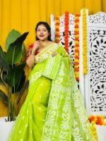 Loto Pata Soft Bright Olive Jamdani Sari