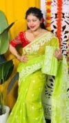 Loto Pata Soft Bright Olive Jamdani Sari