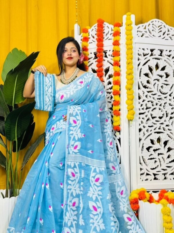 Loto Pata Soft Butterfly Blue Jamdani Sari