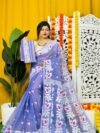 Loto Pata Soft Dusky Blue Jamdani Sari