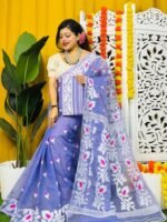 Loto Pata Soft Dusky Blue Jamdani Sari