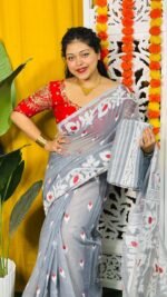 Loto Pata Soft Grey Jamdani Sari