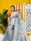 Loto Pata Soft Grey Jamdani Sari
