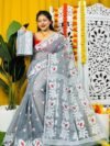 Loto Pata Soft Grey Jamdani Sari