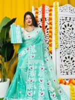 Loto Pata Soft Persian Green Jamdani Sari