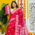 Loto Pata Soft Pink Red Jamdani Sari