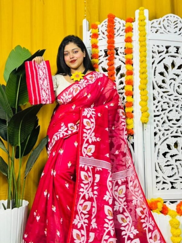 Loto Pata Soft Pink Red Jamdani Sari