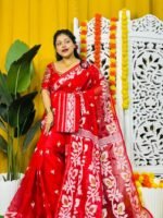 Loto Pata Soft Red Jamdani Sari