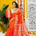 Loto Pata Soft Tomato Red Jamdani Sari