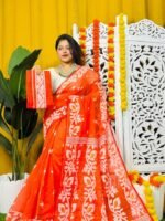 Loto Pata Soft Tomato Red Jamdani Sari