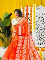 Loto Pata Soft Tomato Red Jamdani Sari