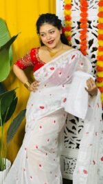 Loto Pata Soft White Jamdani Sari