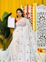 Loto Pata Soft White Jamdani Sari