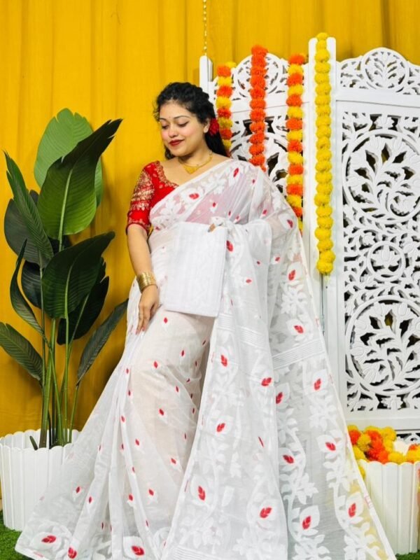 Loto Pata Soft White Jamdani Sari