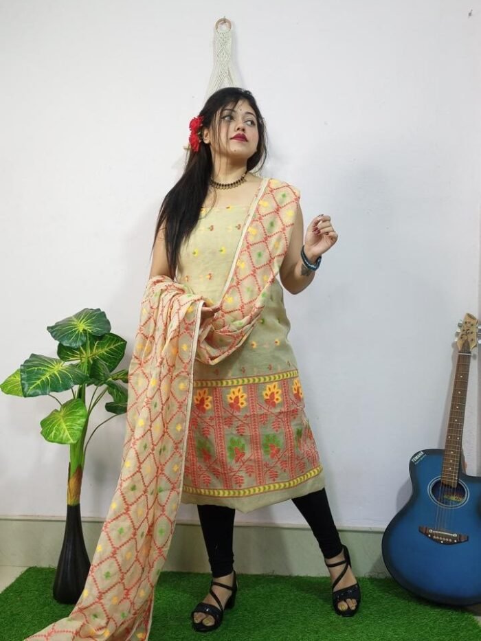 Pata Bahar Cream Unstitched 2 Piece Jamdani Suit Set