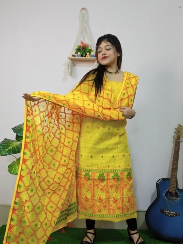 Pata Bahar Yellow Unstitched 2 Piece Jamdani Suit Set