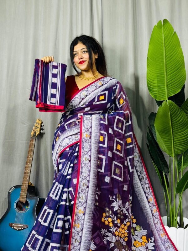 Shiuli Soft Dark Purple Jamdani Sari