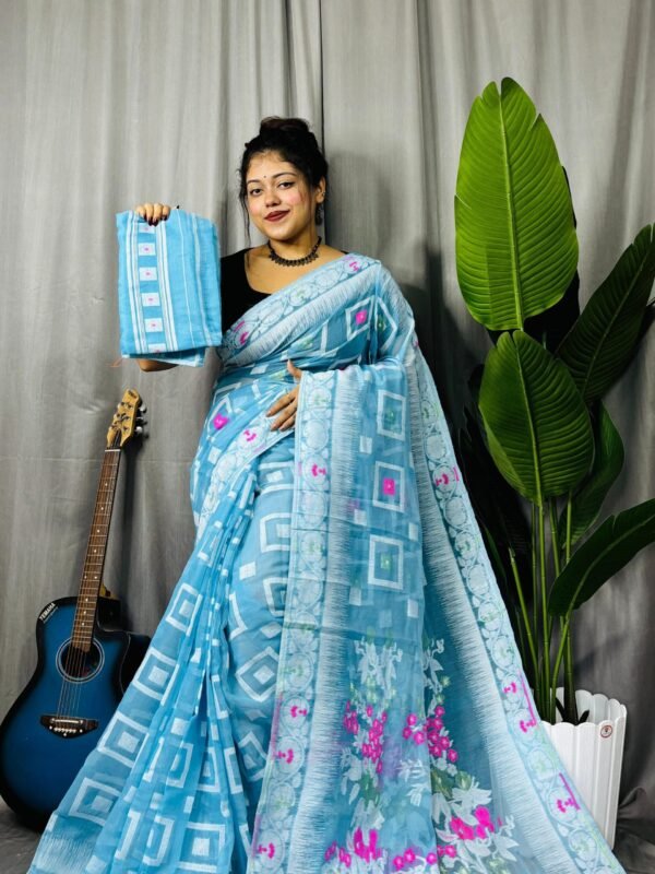 Shiuli Soft Dirty Blue Jamdani Sari