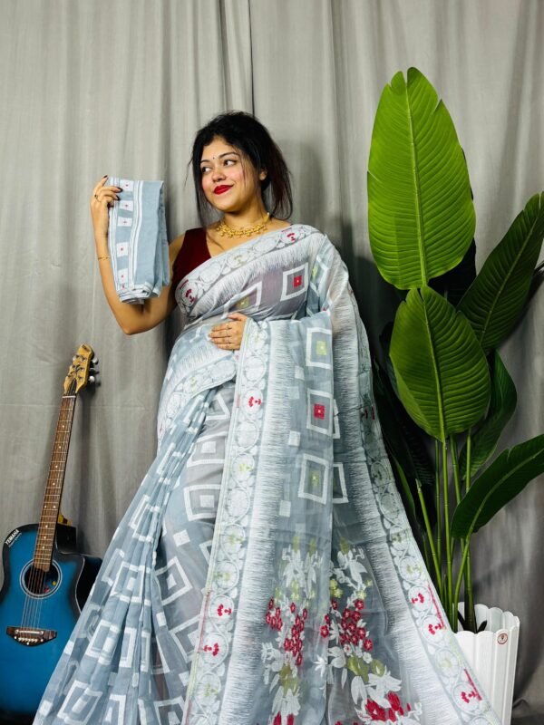 Shiuli Soft Grey Jamdani Sari