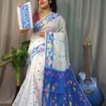 Nokshimala Soft White Blue Jamdani Saree