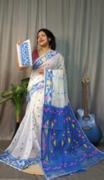 Nokshimala Soft White Blue Jamdani Saree