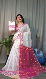Nokshimala Soft White Pink Jamdani Saree - Image 3
