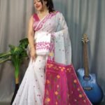 Nokshimala Soft White Pink Jamdani Saree