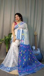 Nokshimala Soft White Blue Jamdani Saree - Image 2