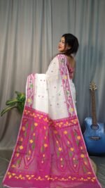 Nokshimala Soft White Pink Jamdani Saree - Image 2