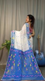 Nokshimala Soft White Blue Jamdani Saree - Image 3