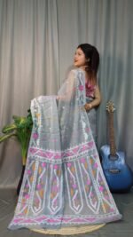 Nokshimala Soft Grey Jamdani Saree - Image 3