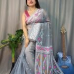 Nokshimala Soft Grey Jamdani Saree