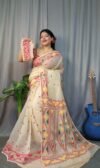 Nokshimala Soft Cream Red Jamdani Saree - Image 3