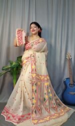 Nokshimala Soft Cream Red Jamdani Saree - Image 3