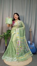 Nokshimala Soft Olive Jamdani Saree - Image 2