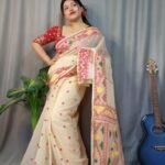 Nokshimala Soft Cream Red Jamdani Saree