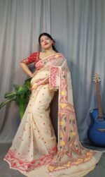 Nokshimala Soft Cream Red Jamdani Saree