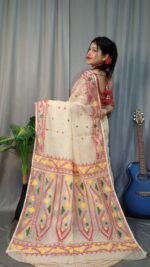 Nokshimala Soft Cream Red Jamdani Saree - Image 2