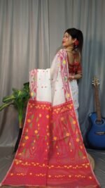 Nokshimala Soft White Red Jamdani Saree - Image 3