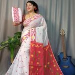 Nokshimala Soft White Red Jamdani Saree