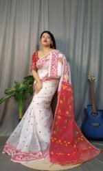 Nokshimala Soft White Red Jamdani Saree - Image 2
