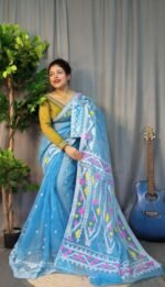Nokshimala Soft Sky Blue Jamdani Saree - Image 2