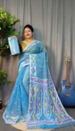 Nokshimala Soft Sky Blue Jamdani Saree