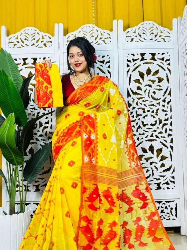 Yellow Soft Korat Buti Jamdani Saree