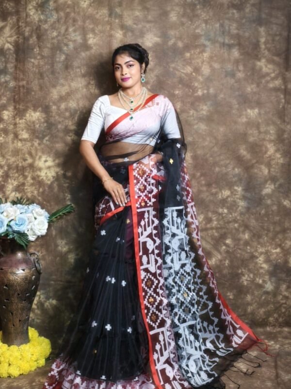 Black Buti Soft Muslin Jamdani Sari With Blouse Piece