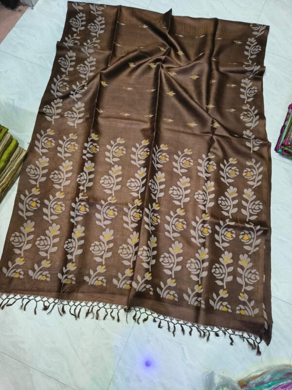 Coffee Pure Tussar By Tussar Handloom Jamdani Sari With Blouse Piece